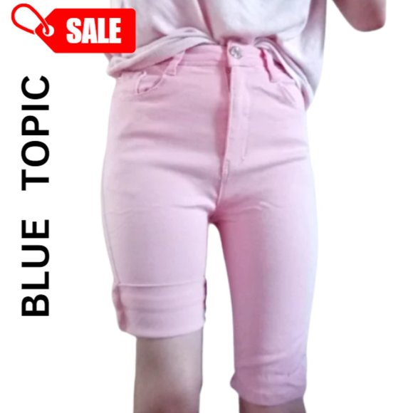 BLUE TOPIC - Bubblegum Pink Denim High Rise Bermuda Shorts - Picture 1 of 6